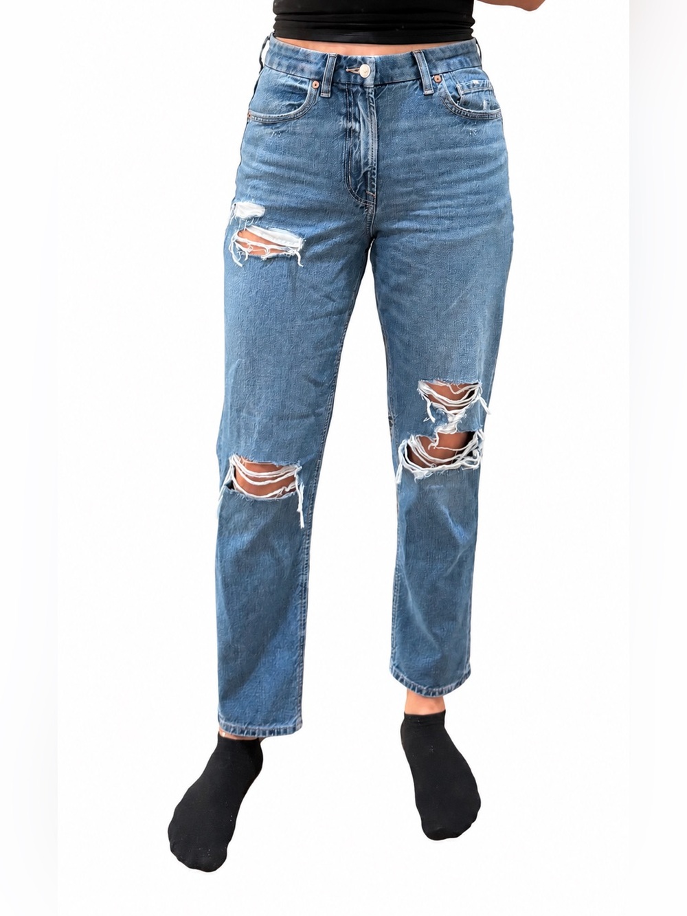 Women’s American Eagle Curvy Mom Jean - Ripped Straight-Leg Jeans in Medium Blue